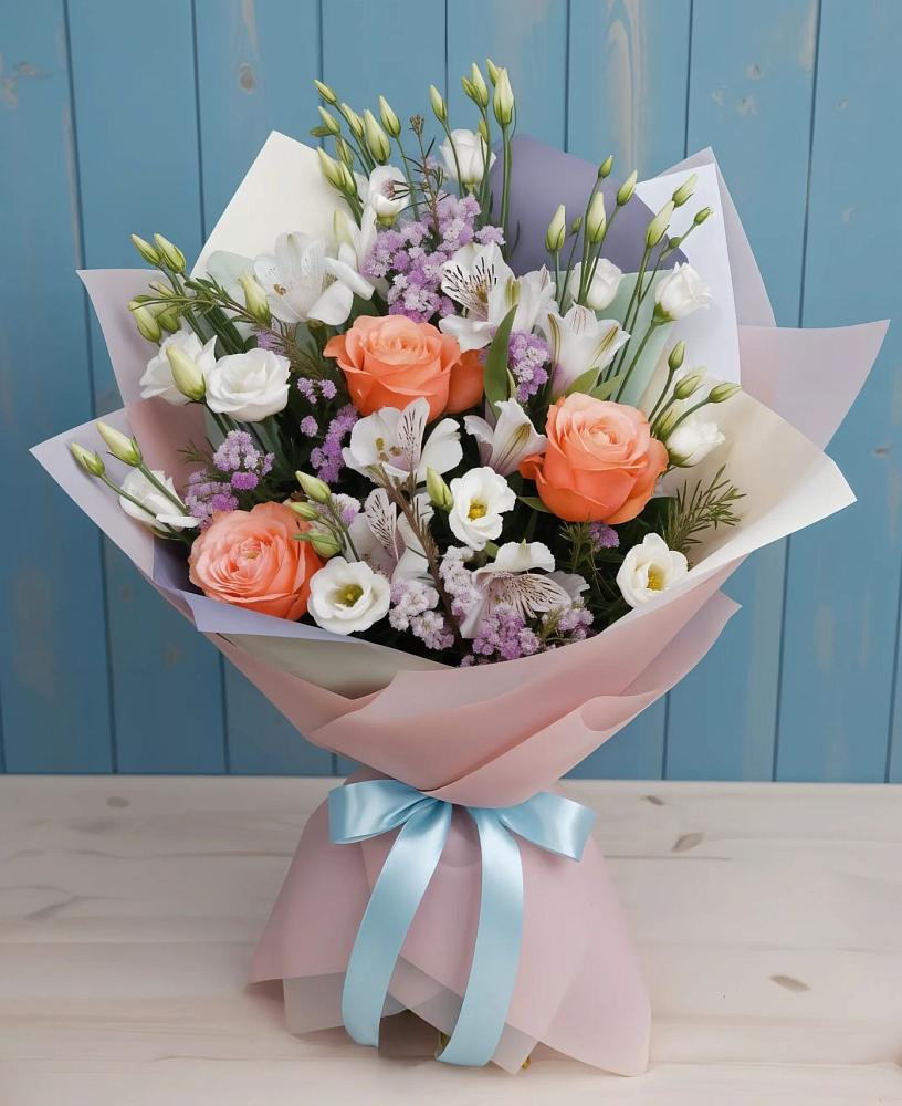 Букет цветов из: Лизиантусы, Розы, Альстромерии и Гипсофила в Кызыл-Озёк