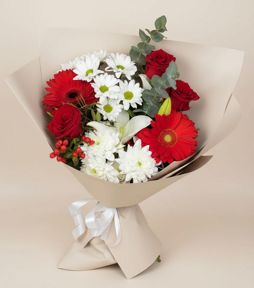 Букет цветов из: Розы, Хризантемы, Герберы и Лилии в Кызыл-Озёк